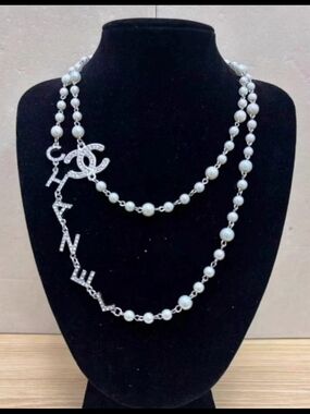 White Pearl Double-Strand Necklace with Crystal CC and Lettering